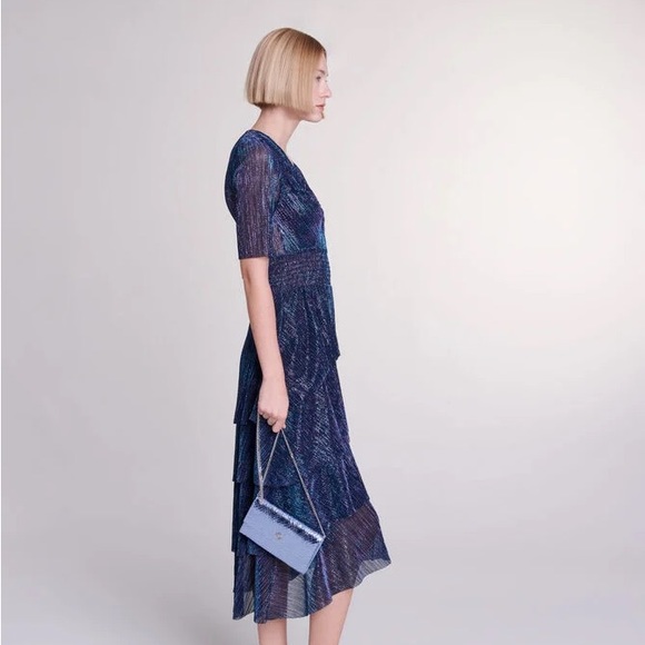 Maje Paris Full Lamé Dress with Ruffles Silver and Blue Sheer Back - Picture 3 of 11